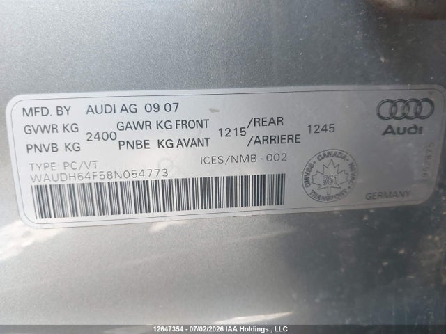 12647354 :رقم المزاد ، WAUDH64F58N054773 vin ، 2008 Audi A6 3.2l مزاد بيع