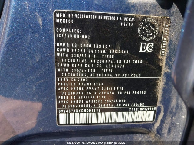 Auction sale of the 2019 Volkswagen Tiguan Highline, vin: 3VV4B7AXXKM094812, lot number: 12647360