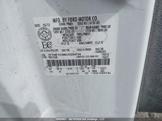 2012 Ford F-150 Xl მანქანა იყიდება აუქციონზე, vin: 1FTMF1CM8CKD54734, აუქციონის ნომერი: 12620921
