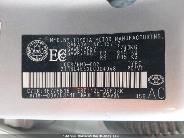 Продаж на аукціоні авто 2013 Toyota Corolla Ce, vin: 2T1BU4EEXDC004948, номер лоту: 12647364