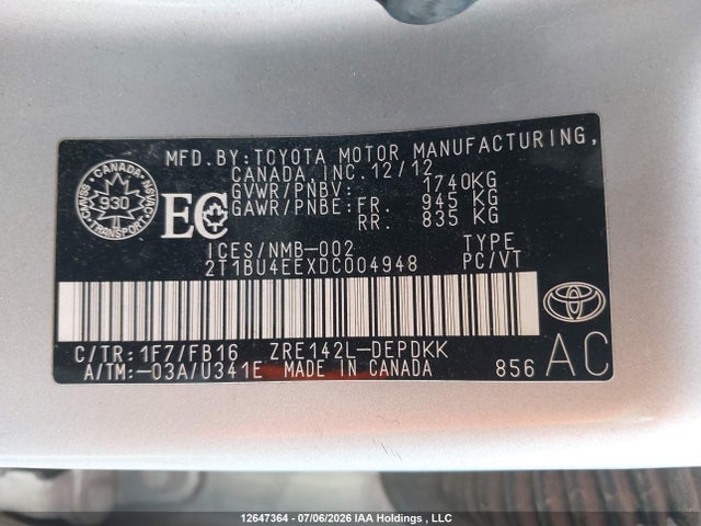 Продаж на аукціоні авто 2013 Toyota Corolla Ce, vin: 2T1BU4EEXDC004948, номер лоту: 12647364
