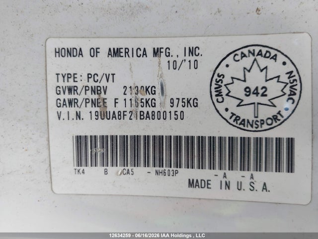 12634259 :رقم المزاد ، 19UUA8F21BA800150 vin ، 2011 Acura Tl مزاد بيع