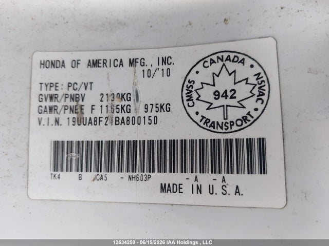 12634259 :رقم المزاد ، 19UUA8F21BA800150 vin ، 2011 Acura Tl مزاد بيع