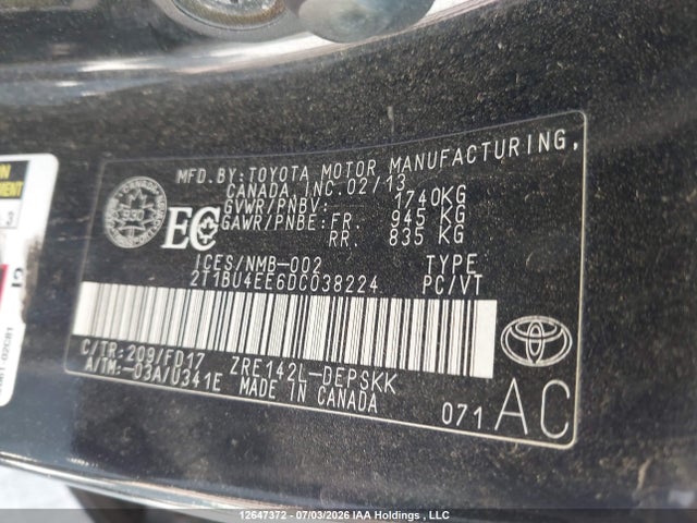 Aukcja sprzedaży 2013 Toyota Corolla S/le, vin: 2T1BU4EE6DC038224, numer aukcji: 12647372