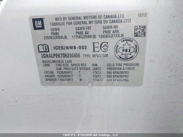 Aukcja sprzedaży 2013 Chevrolet Equinox Lt, vin: 2GNALPEK7D6230458, numer aukcji: 12647373