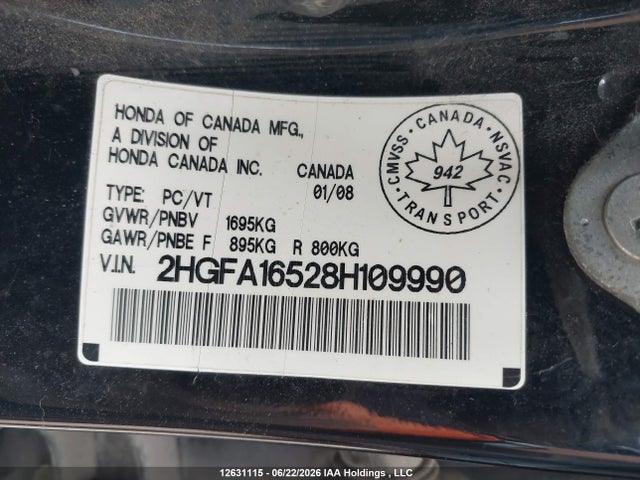 Aukcja sprzedaży 2008 Honda Civic Lx, vin: 2HGFA16528H109990, numer aukcji: 12631115