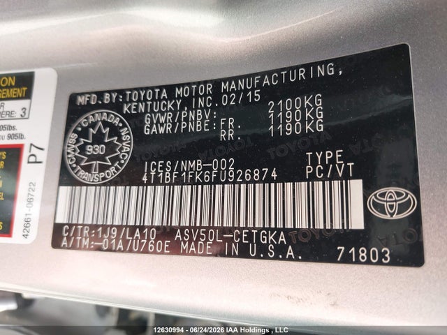 2015 Toyota Camry Xle მანქანა იყიდება აუქციონზე, vin: 4T1BF1FK6FU926874, აუქციონის ნომერი: 12630994