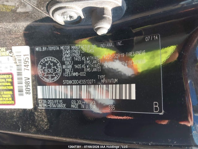 5TDXK3DC4ES513271 Toyota Sienna Se 8 Passenger
