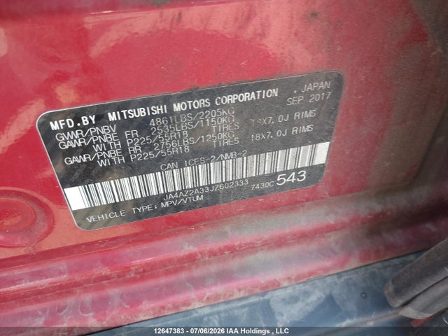 Aukcja sprzedaży 2018 Mitsubishi Outlander Es, vin: JA4AZ2A33JZ602333, numer aukcji: 12647383