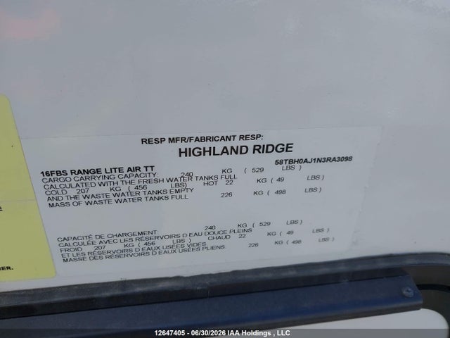 Продаж на аукціоні авто 2022 Highland Ridge Rv Open Range Lite Air, vin: 58TBH0AJ1N3RA3098, номер лоту: 12647405