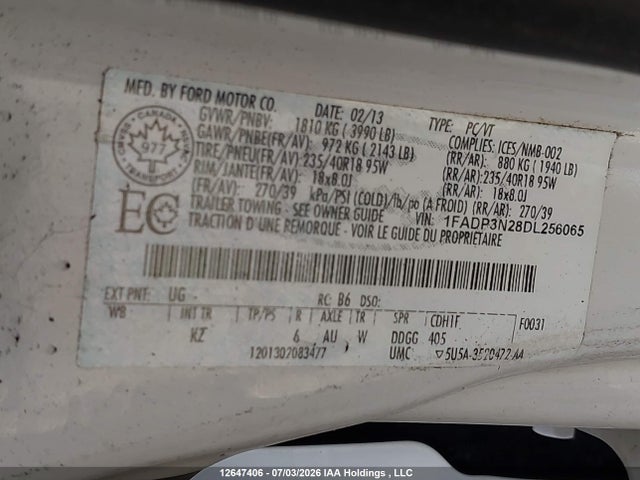 12647406 :رقم المزاد ، 1FADP3N28DL256065 vin ، 2013 Ford Focus Titanium مزاد بيع
