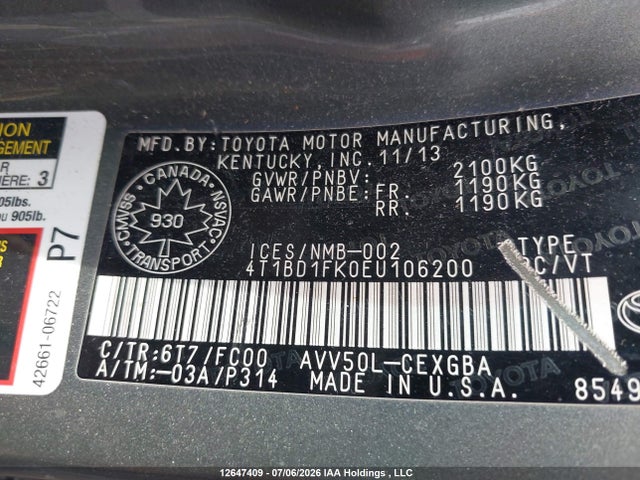 2014 Toyota Camry Hybrid/le/xle მანქანა იყიდება აუქციონზე, vin: 4T1BD1FK0EU106200, აუქციონის ნომერი: 12647409