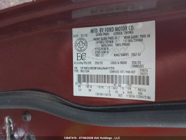 Aukcja sprzedaży 2010 Ford Explorer Sport Trac Limited, vin: 1FMEU5D81AUA41170, numer aukcji: 12647410