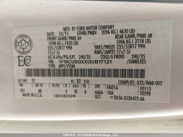 Продаж на аукціоні авто 2016 Ford Escape Se, vin: 1FMCU0GXXGUB17121, номер лоту: 12647413