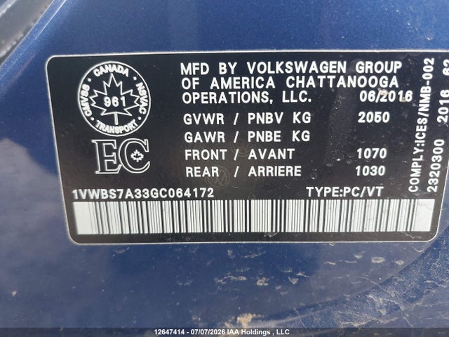 1VWBS7A33GC064172 Volkswagen Passat 1.8 Tsi Comfortline