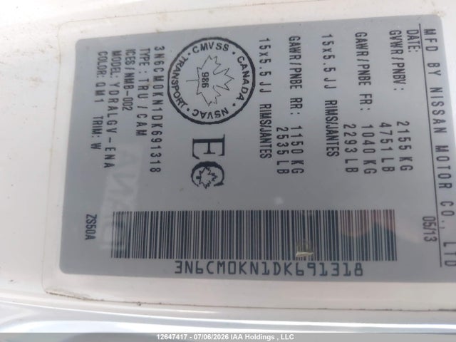 Aukcja sprzedaży 2013 Nissan Nv200 2.5s/2.5sv, vin: 3N6CM0KN1DK691318, numer aukcji: 12647417