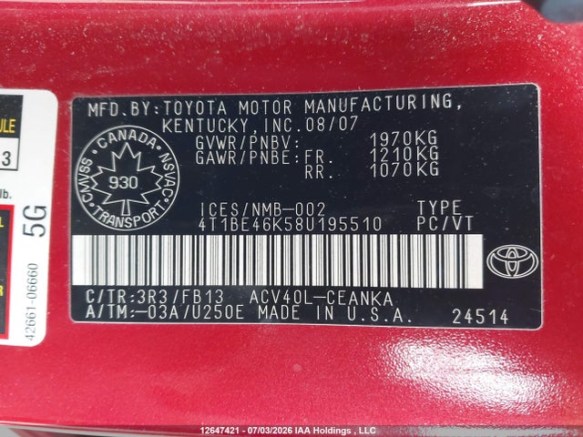 Продаж на аукціоні авто 2008 Toyota Camry Ce/le/xle/se, vin: 4T1BE46K58U195510, номер лоту: 12647421