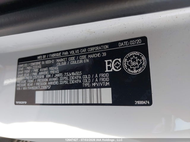12647427 :رقم المزاد ، YV4162UK7L2306757 vin ، 2020 Volvo Xc40 T5 Momentum مزاد بيع