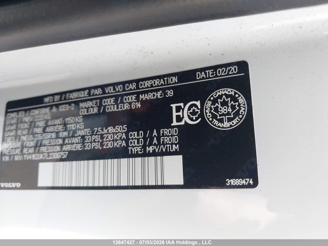 12647427 :رقم المزاد ، YV4162UK7L2306757 vin ، 2020 Volvo Xc40 T5 Momentum مزاد بيع