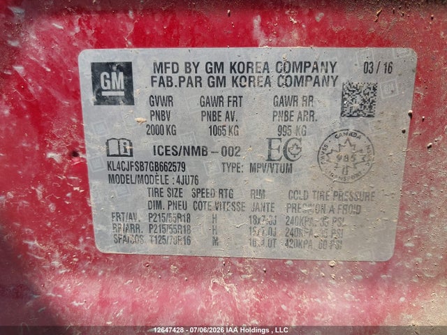 12647428 :رقم المزاد ، KL4CJFSB7GB662579 vin ، 2016 Buick Encore Convenience مزاد بيع