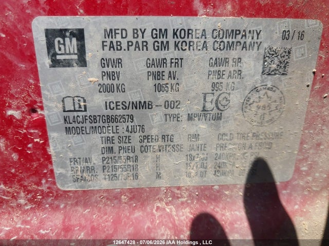 12647428 :رقم المزاد ، KL4CJFSB7GB662579 vin ، 2016 Buick Encore Convenience مزاد بيع