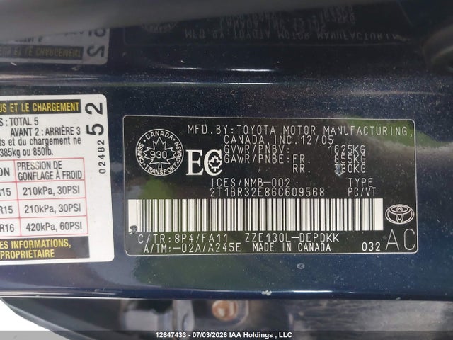 Продажа на аукционе авто 2006 Toyota Corolla Ce/le/sport, vin: 2T1BR32E86C609568, номер лота: 12647433