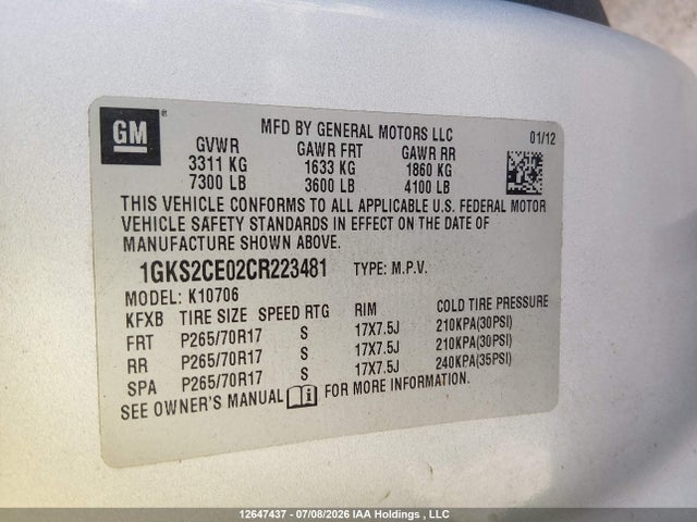Aukcja sprzedaży 2012 Gmc Yukon Slt, vin: 1GKS2CE02CR223481, numer aukcji: 12647437