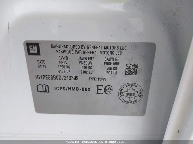 12647444 :رقم المزاد ، 1G1PE5SB0D7213399 vin ، 2013 Chevrolet Cruze Lt Turbo مزاد بيع
