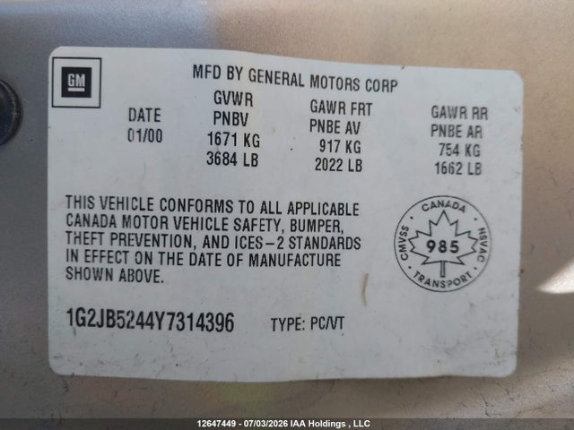 Продажа на аукционе авто 2000 Pontiac Sunfire Se, vin: 1G2JB5244Y7314396, номер лота: 12647449