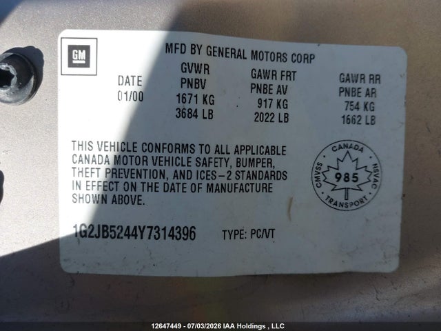 Продажа на аукционе авто 2000 Pontiac Sunfire Se, vin: 1G2JB5244Y7314396, номер лота: 12647449