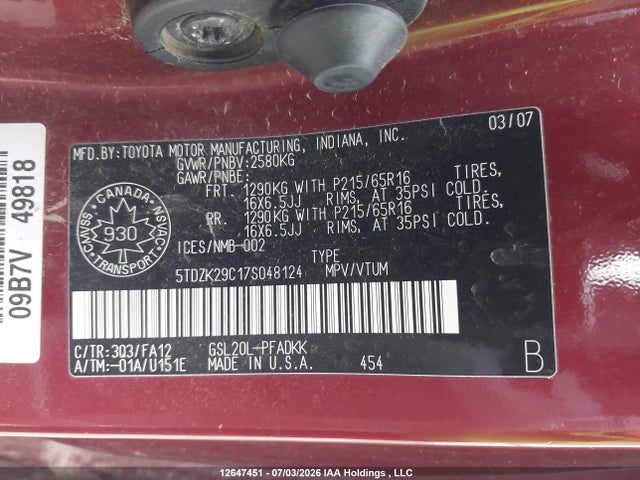 12647451 :رقم المزاد ، 5TDZK29C17S048124 vin ، 2007 Toyota Sienna Ce 7 Passenger/ce 8 Passenger مزاد بيع