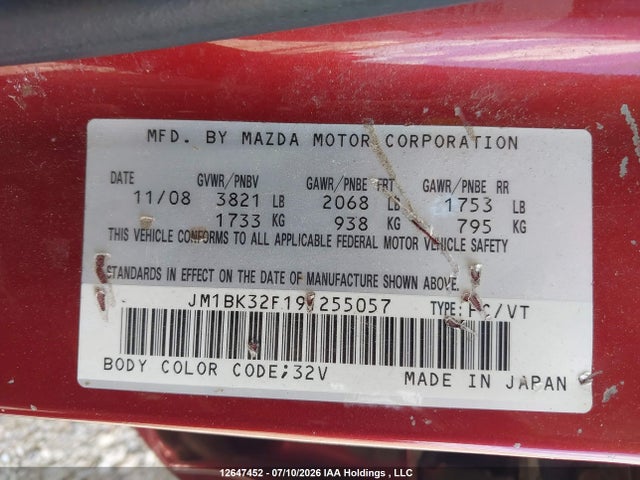 12647452 :رقم المزاد ، JM1BK32F191255057 vin ، 2009 Mazda Mazda3 Gs/gx مزاد بيع