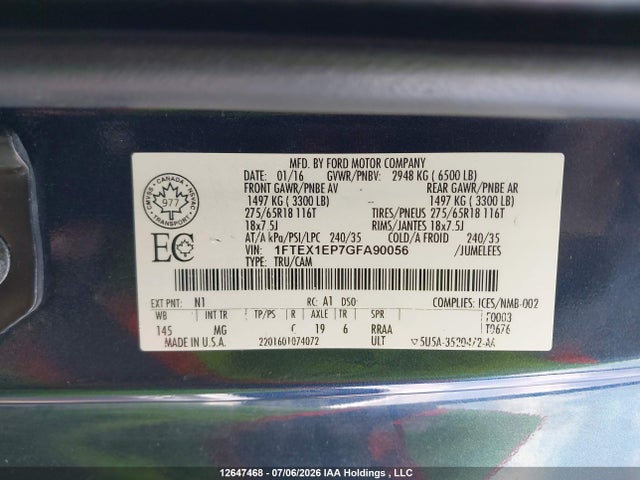 1FTEX1EP7GFA90056 Ford F-150 Lariat/xl/xlt
