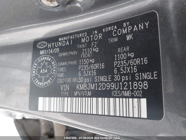 2009 Hyundai Tucson Gls მანქანა იყიდება აუქციონზე, vin: KM8JM12D99U121898, აუქციონის ნომერი: 12647480