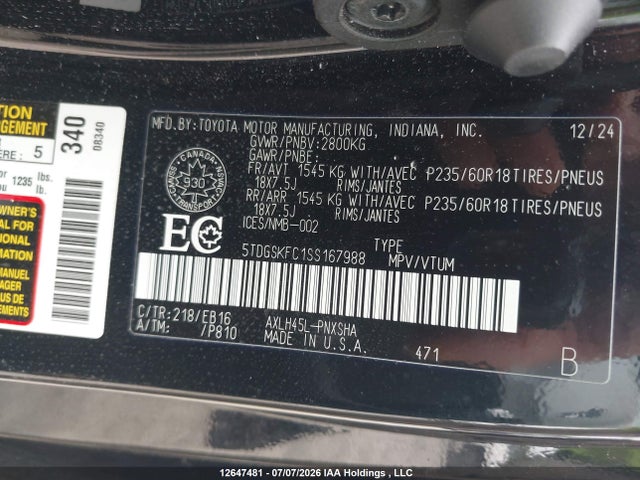 12647481 :رقم المزاد ، 5TDGSKFC1SS167988 vin ، 2025 Toyota Sienna مزاد بيع