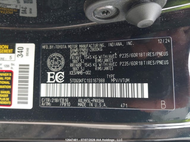 12647481 :رقم المزاد ، 5TDGSKFC1SS167988 vin ، 2025 Toyota Sienna مزاد بيع