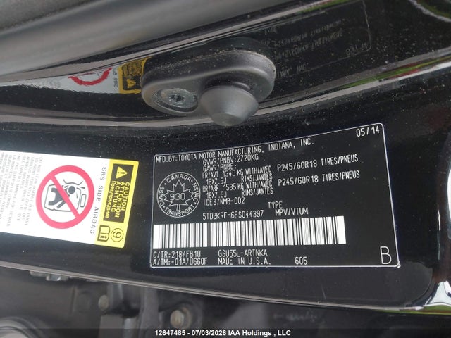 Продаж на аукціоні авто 2014 Toyota Highlander Le/le Plus, vin: 5TDBKRFH6ES044397, номер лоту: 12647485