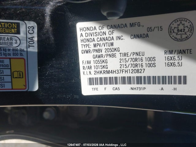 2015 Honda Cr-v Lx მანქანა იყიდება აუქციონზე, vin: 2HKRM4H37FH120827, აუქციონის ნომერი: 12647487