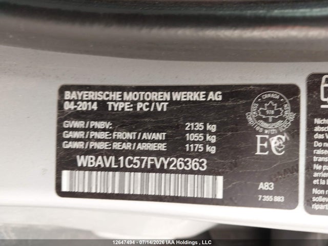 2015 Bmw X1 Xdrive28i მანქანა იყიდება აუქციონზე, vin: WBAVL1C57FVY26363, აუქციონის ნომერი: 12647494