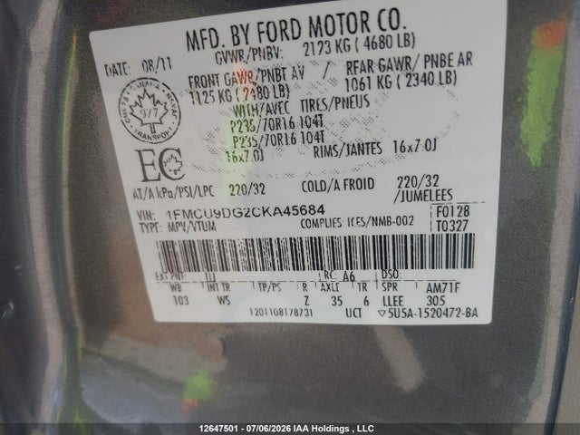 Продажа на аукционе авто 2012 Ford Escape Xlt, vin: 1FMCU9DG2CKA45684, номер лота: 12647501