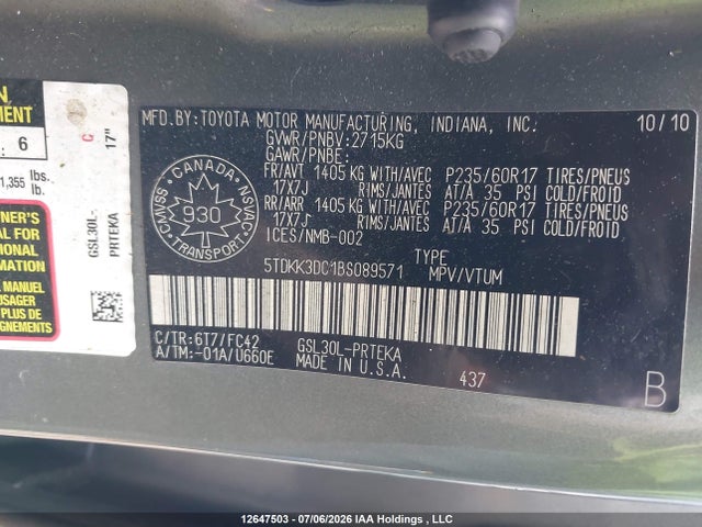 2011 Toyota Sienna Le 8 Passenger მანქანა იყიდება აუქციონზე, vin: 5TDKK3DC1BS089571, აუქციონის ნომერი: 12647503