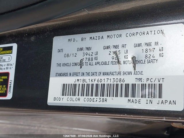 12647508 :رقم المزاد ، JM1BL1KF6D1713086 vin ، 2013 Mazda Mazda3 Gx مزاد بيع