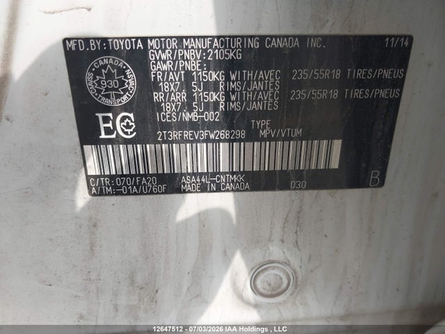2015 Toyota Rav4 Xle მანქანა იყიდება აუქციონზე, vin: 2T3RFREV3FW268298, აუქციონის ნომერი: 12647512