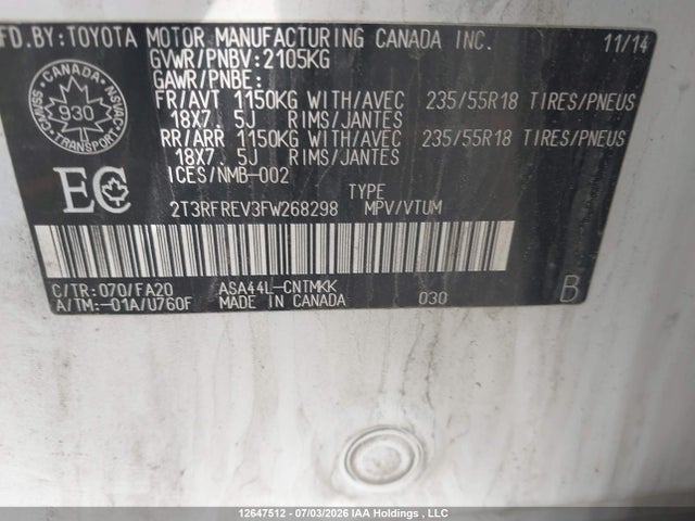 2015 Toyota Rav4 Xle მანქანა იყიდება აუქციონზე, vin: 2T3RFREV3FW268298, აუქციონის ნომერი: 12647512