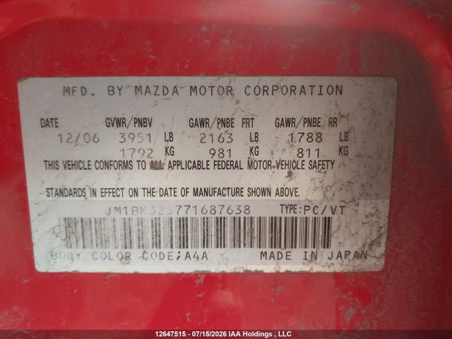 Aukcja sprzedaży 2007 Mazda Mazda3 Gt, vin: JM1BK323771687638, numer aukcji: 12647515