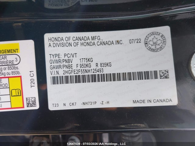 2022 Honda Civic Sport მანქანა იყიდება აუქციონზე, vin: 2HGFE2F55NH125493, აუქციონის ნომერი: 12647539