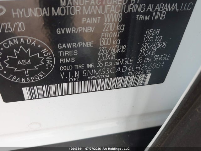 2020 Hyundai Santa Fe Sel/sel Plus მანქანა იყიდება აუქციონზე, vin: 5NMS3CAD4LH256004, აუქციონის ნომერი: 12647541