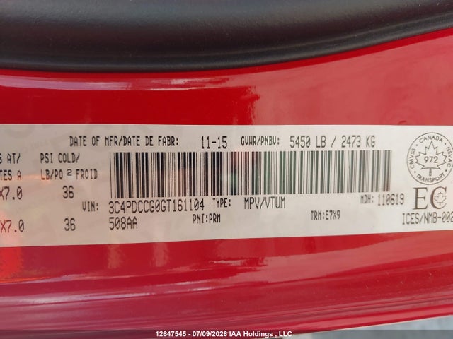 2016 Dodge Journey Sxt/limited მანქანა იყიდება აუქციონზე, vin: 3C4PDCCG0GT161104, აუქციონის ნომერი: 12647545