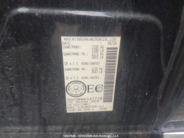 Nissan Murano 2016 5N1AZ2MH6GN147728 Image 9