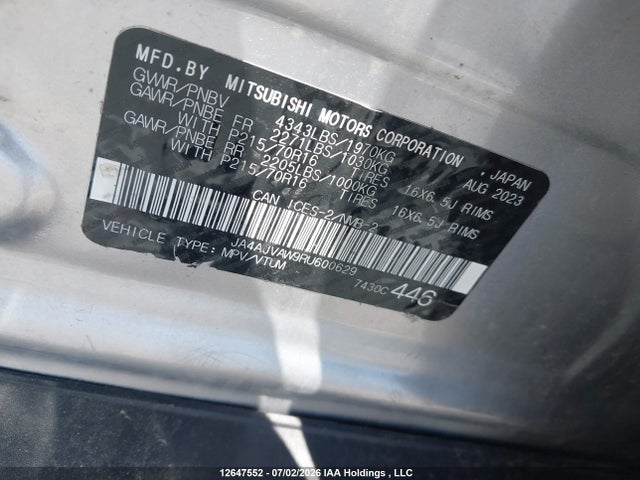 12647552 :رقم المزاد ، JA4AJVAW9RU600629 vin ، 2024 Mitsubishi Rvr Se/sel/noir/gt مزاد بيع